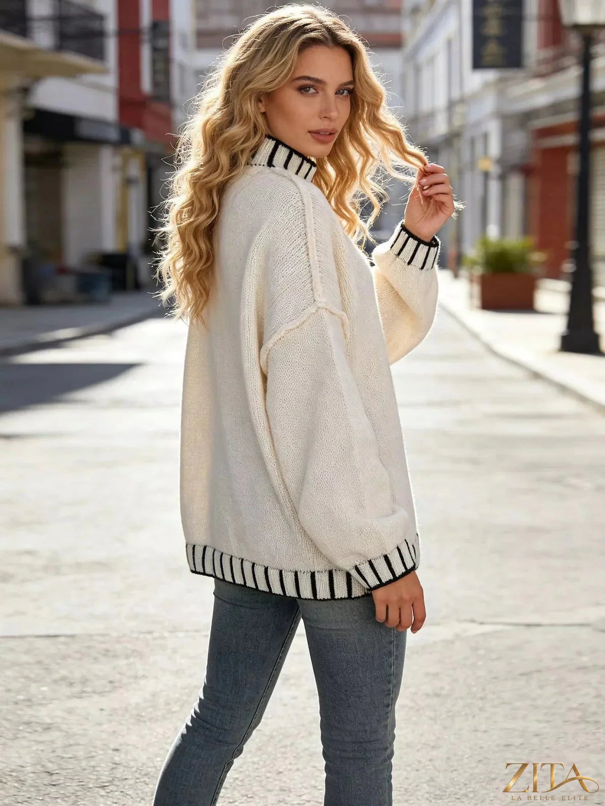 Zita La Belle Elite turtleneck dropped shoulder sweater in soft knit, featuring a cozy fit and stylish design.
