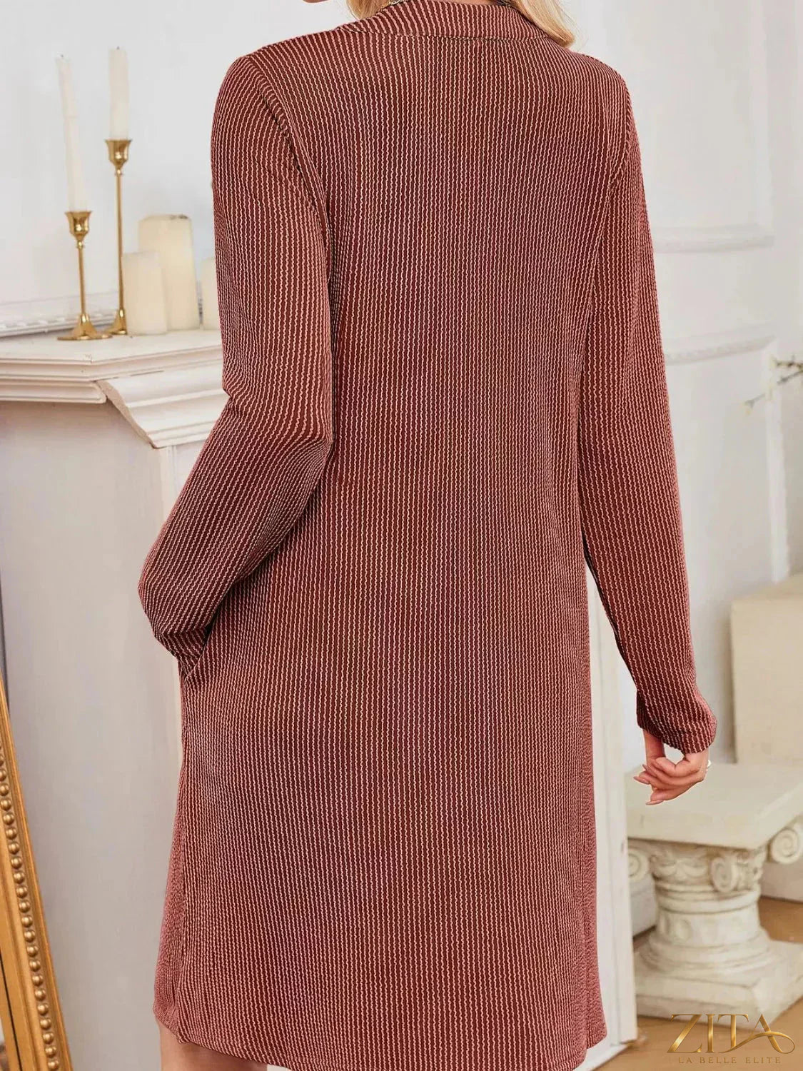 Zita La Belle Elite casual ribbed knit long sleeve dress in soft fabric, showcasing a fitted silhouette and ribbed texture.
