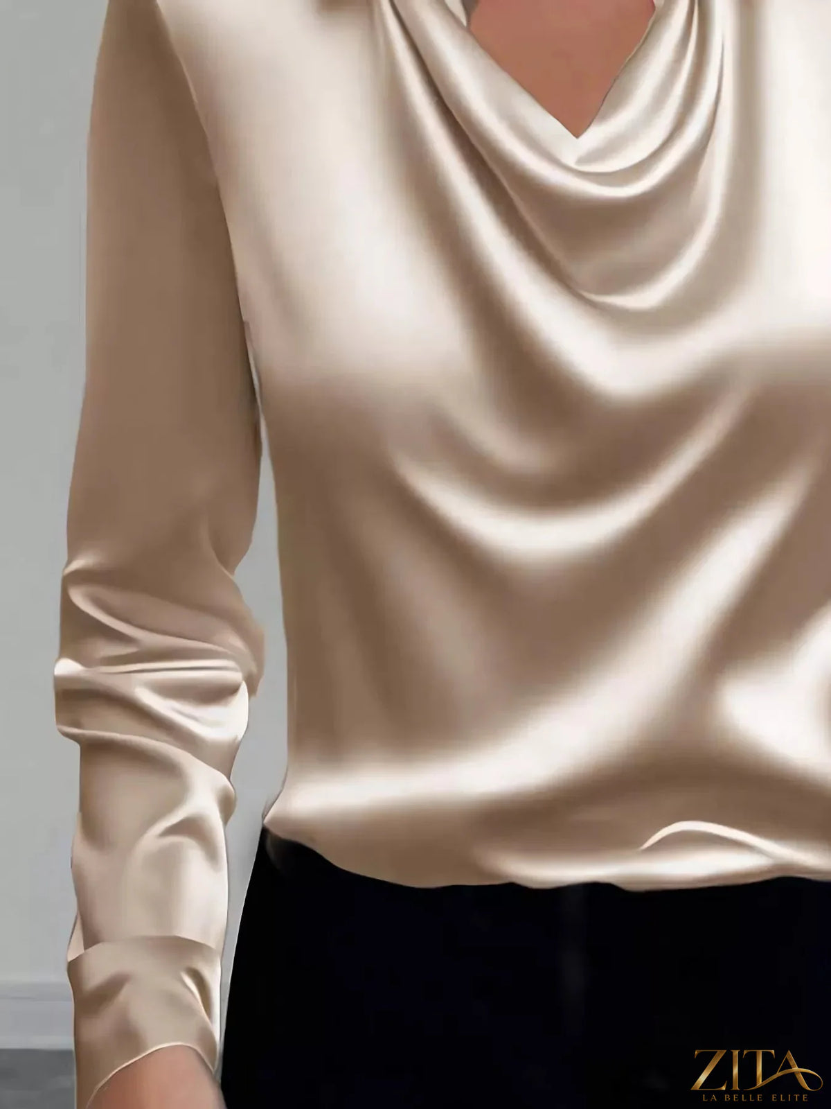 Zita La Belle Elite satin long sleeve blouse with a collared neck, showcasing smooth fabric and elegant design.