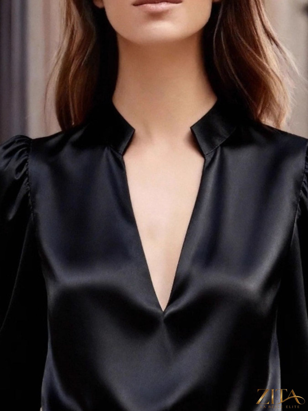 Zita La Belle Elite notched long sleeve blouse in soft fabric, featuring a stylish notch detail at the neckline.
