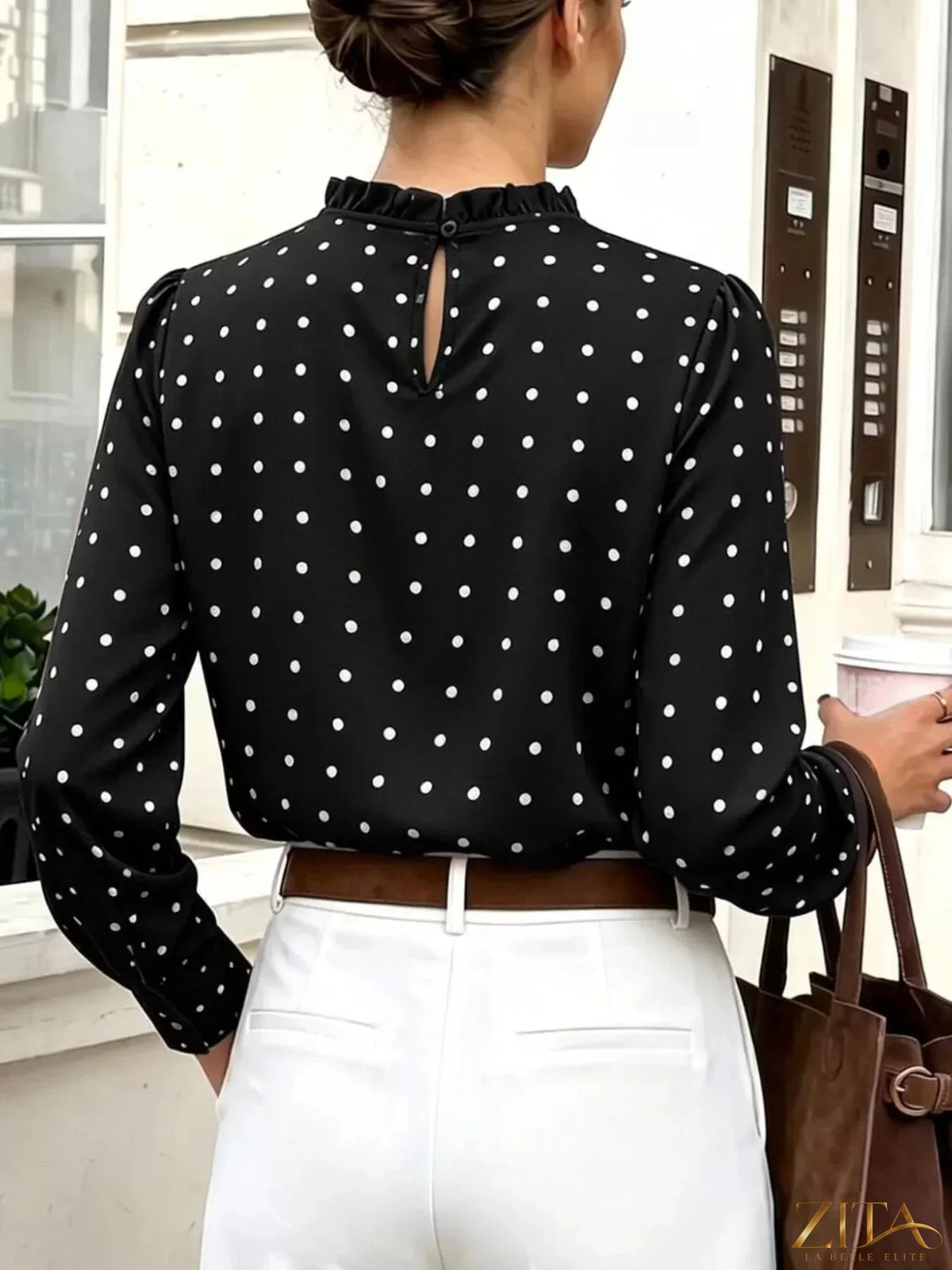 Zita La Belle Elite polka dot print mock neck long sleeve blouse with elegant design and classic black and white pattern.