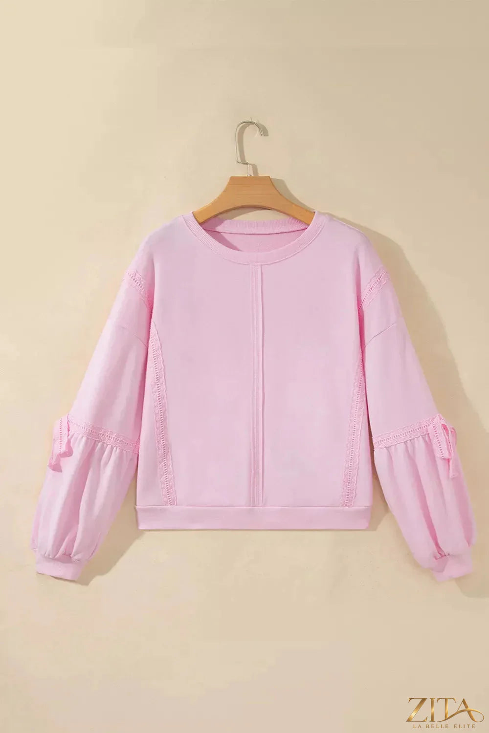 Zita La Belle Elite solid color raw seam lace detail loose casual sweatshirt, showcasing relaxed fit and stylish design.