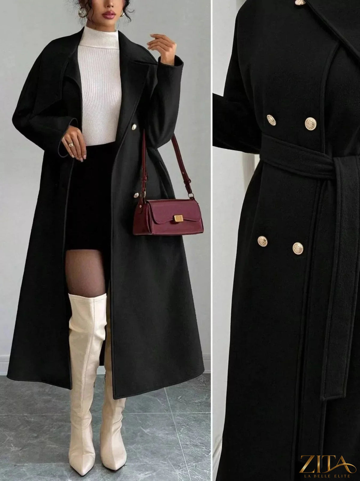 Zita La Belle Elite double-breasted longline coat in neutral fabric, featuring wide lapels and a tailored fit.