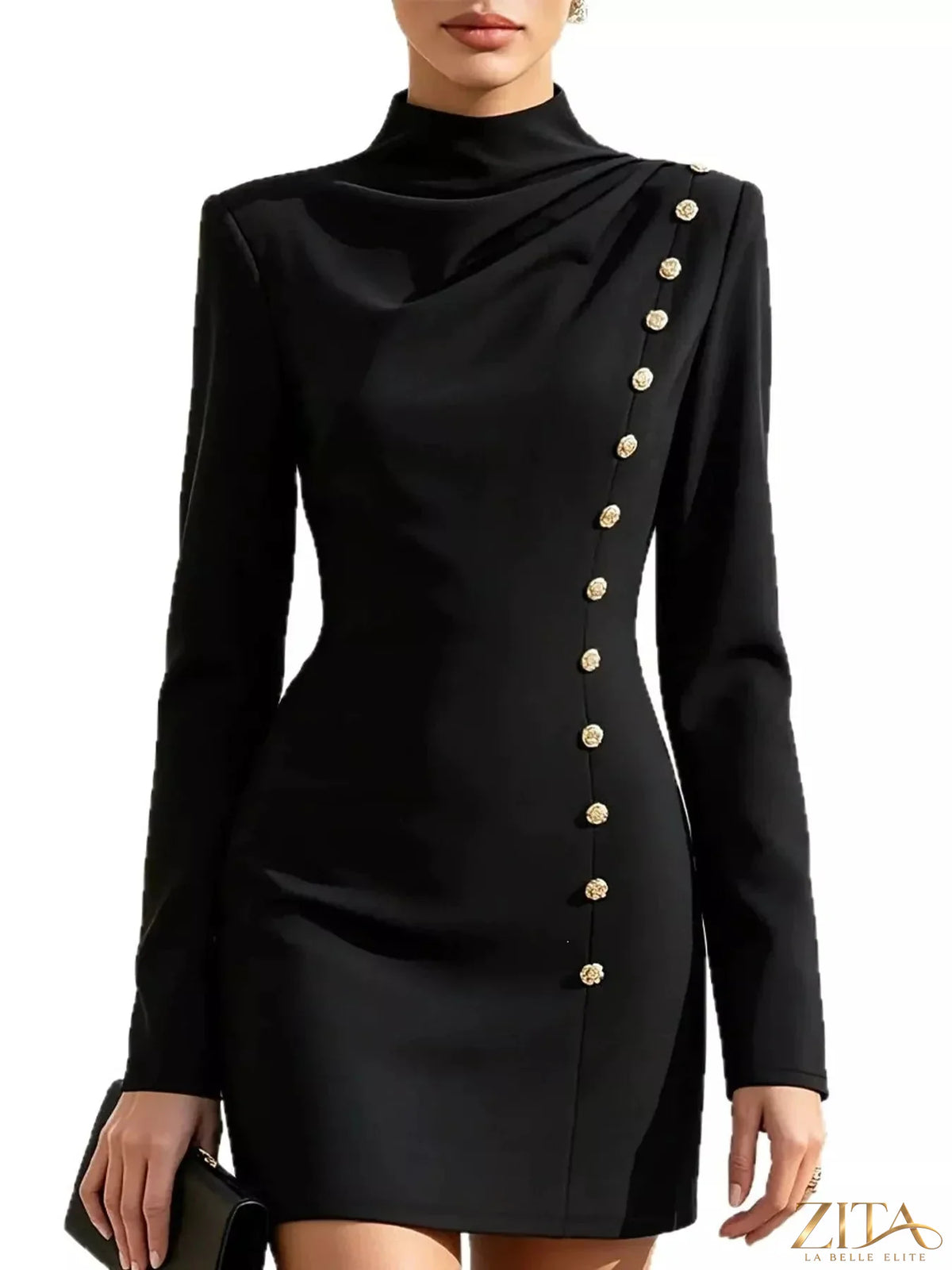 Plus size Zita La Belle Elite decorative button mock neck mini dress featuring a full size and stylish design.