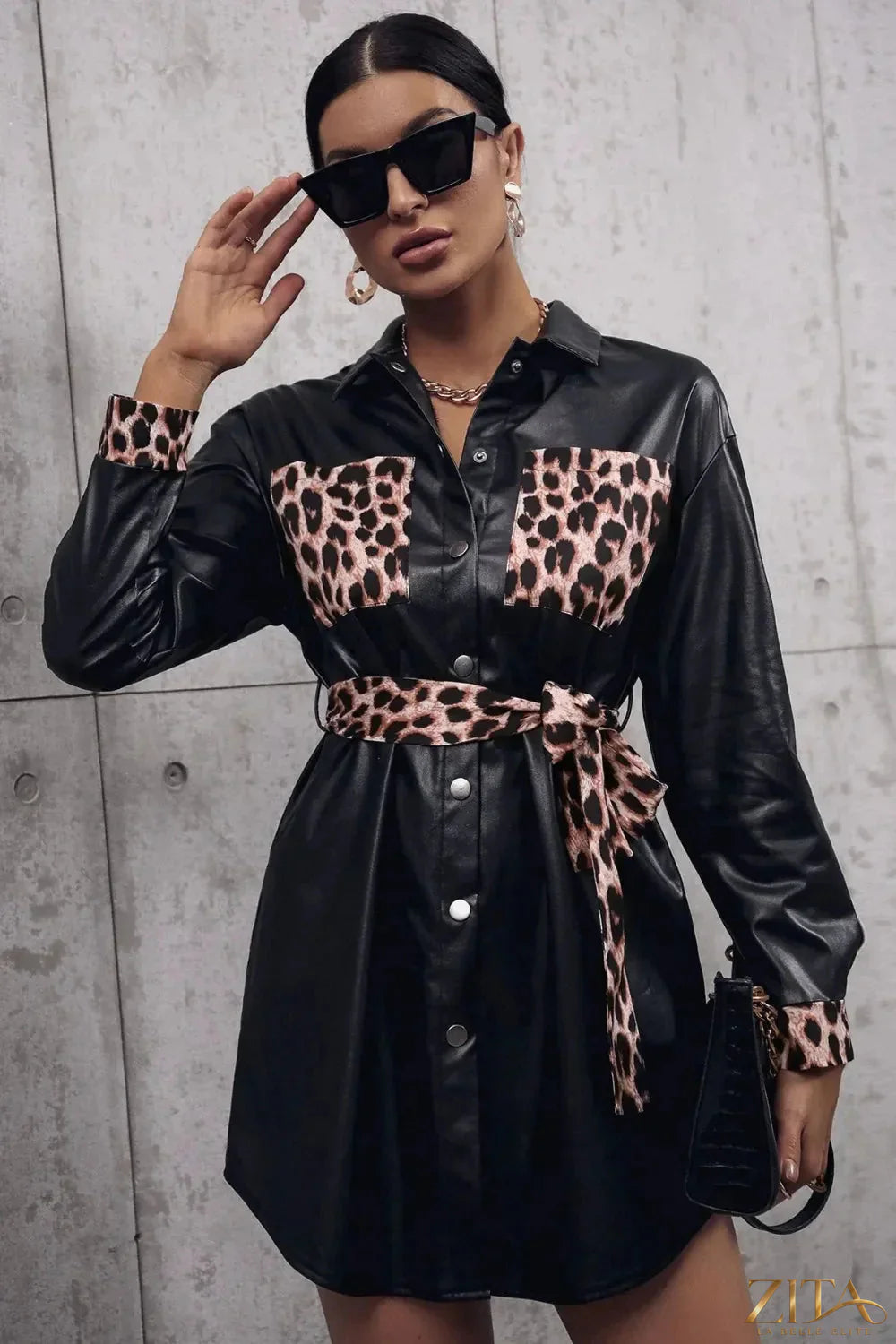 Zita La Belle Elite Ivy Lane Tied Leopard Snap Down Trench Coat with leopard print and belted waist on model.