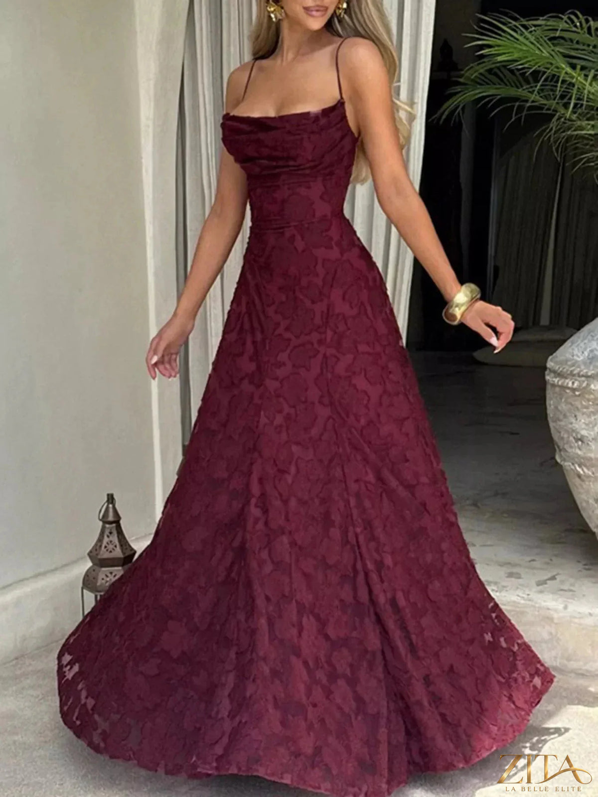 Zita La Belle Elite lace spaghetti strap maxi dress with fitted bodice and flowing skirt, elegant evening wear for women.