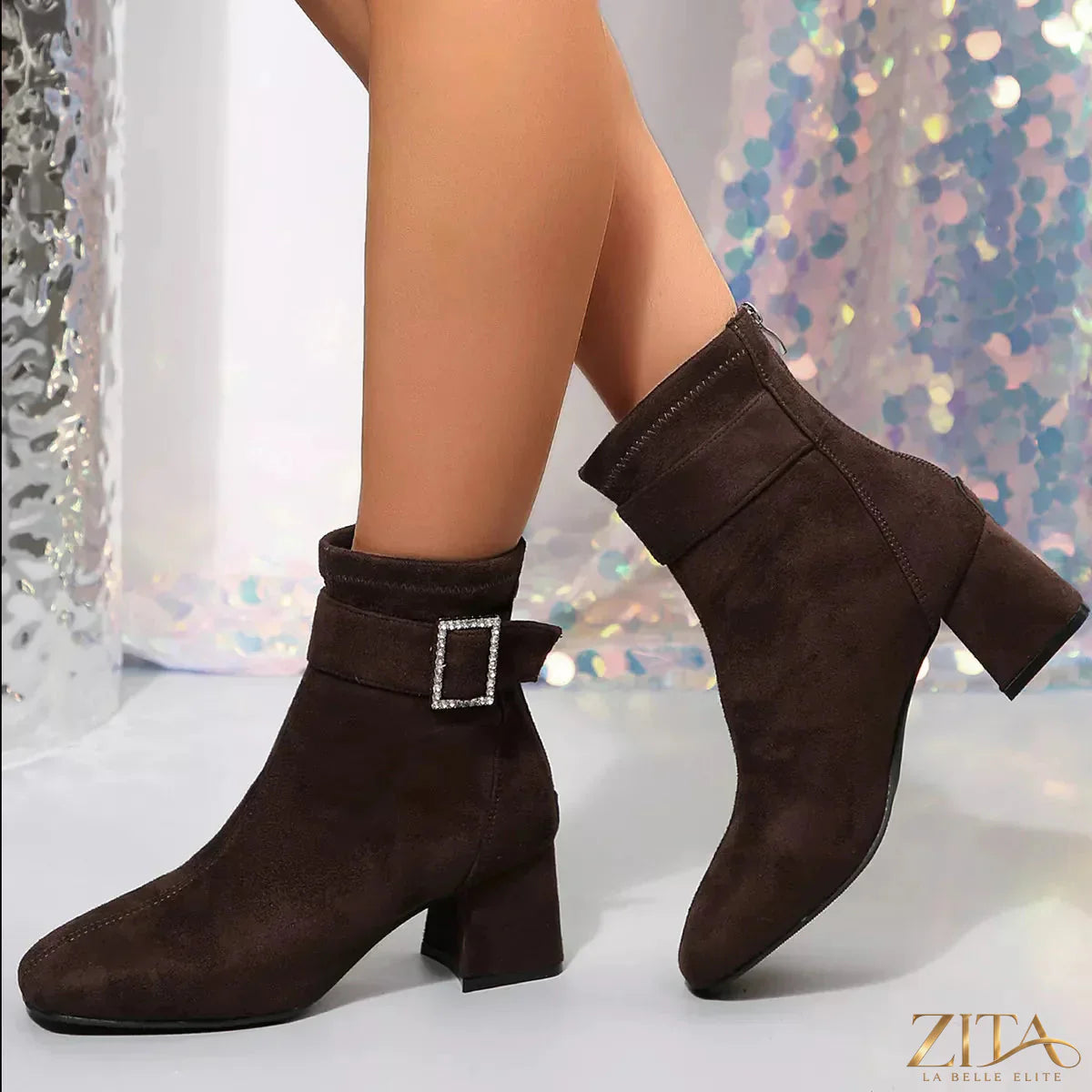 Zita La Belle Elite round toe block heel boots in black leather, featuring a sleek silhouette and sturdy stacked heels.