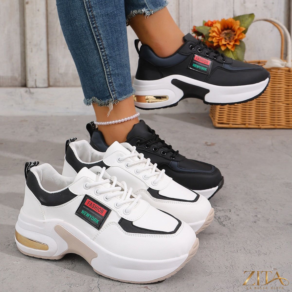 Zita La Belle Elite round toe lace-up sneakers with white rubber soles and stylish design for casual wear.
