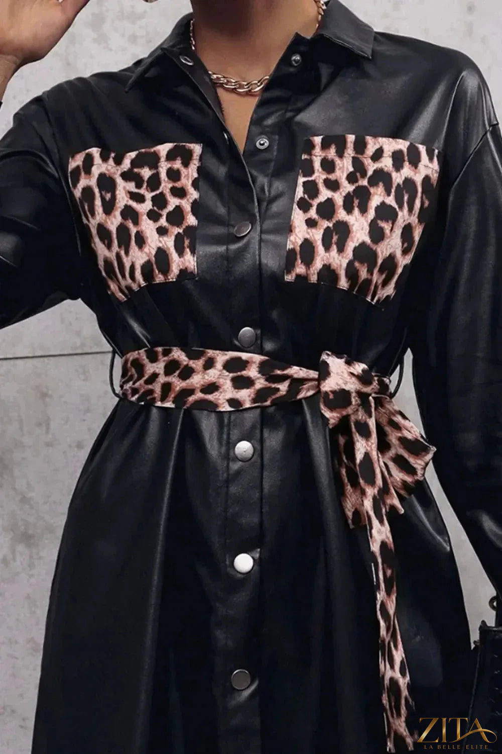Zita La Belle Elite Ivy Lane Tied Leopard Snap Down Trench Coat featuring a leopard print pattern and classic trench design.