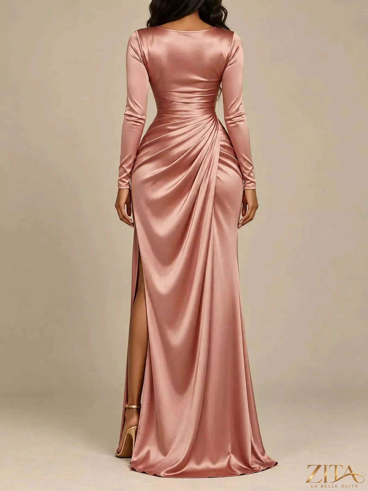 Plus size satin cowl neck evening maxi dress with high slit by Zita La Belle Elite, featuring a full-length design and elegant style.