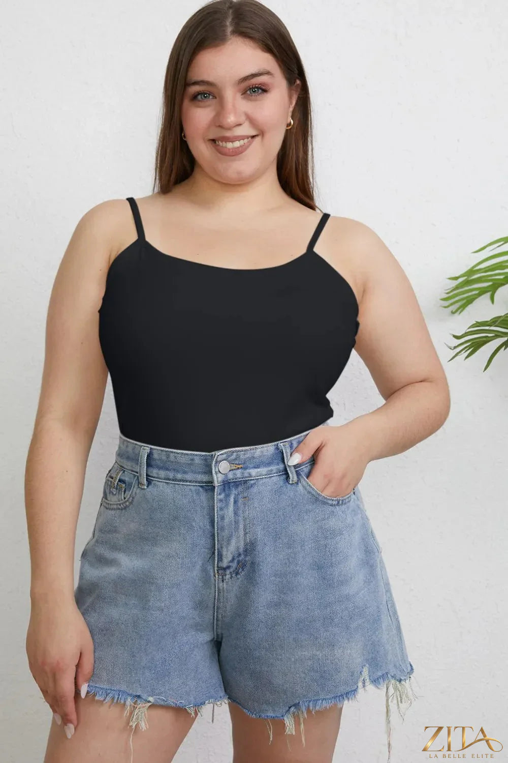 Zita La Belle Elite Basic Bae full size round neck slim cami in plus size, showing a close-up of the fitted, sleeveless top in black.