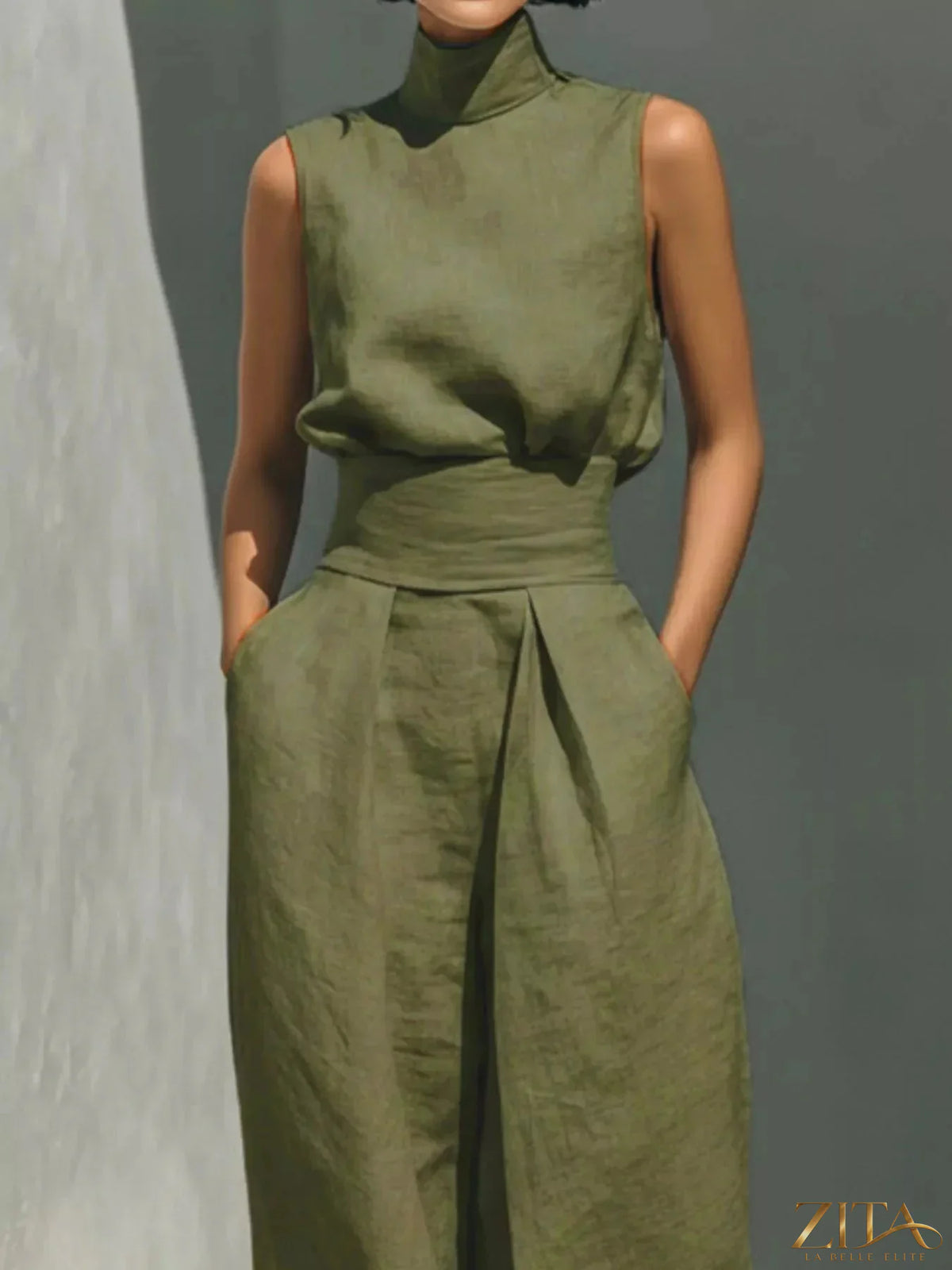 Plus size Zita La Belle Elite sleeveless turtleneck top and wide-leg pants set, stylish and comfortable ensemble.