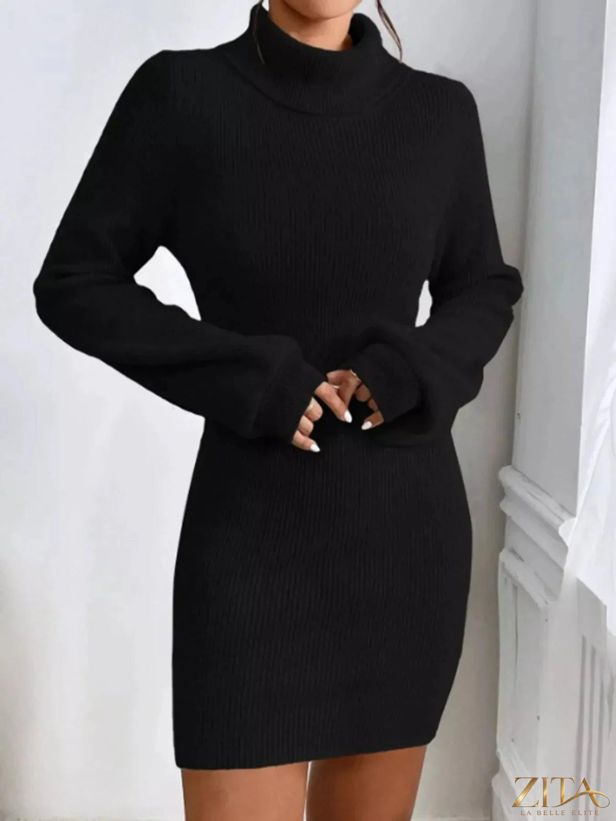 Ribbed knit turtleneck sweater dress by Trendsi, featuring a fitted silhouette and long sleeves in a cozy, textured fabric.