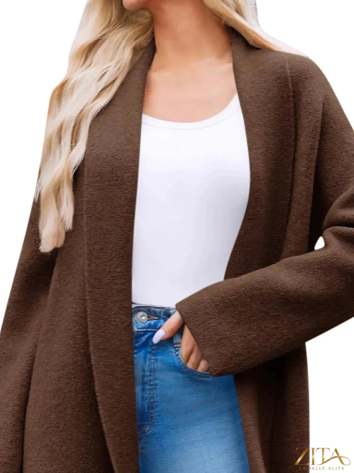Zita La Belle Elite open front longline coat in neutral fabric, stylish layered outerwear for women.