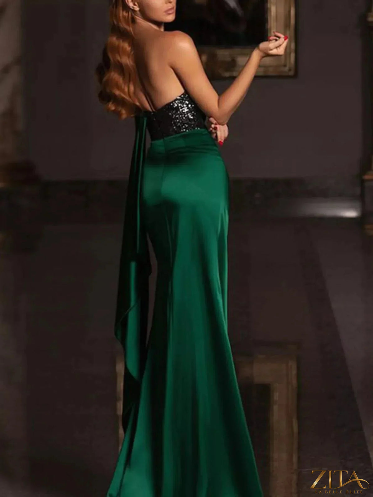 Zita La Belle Elite one-shoulder sequin bodice satin gown with high slit, elegant evening dress with glamorous design.