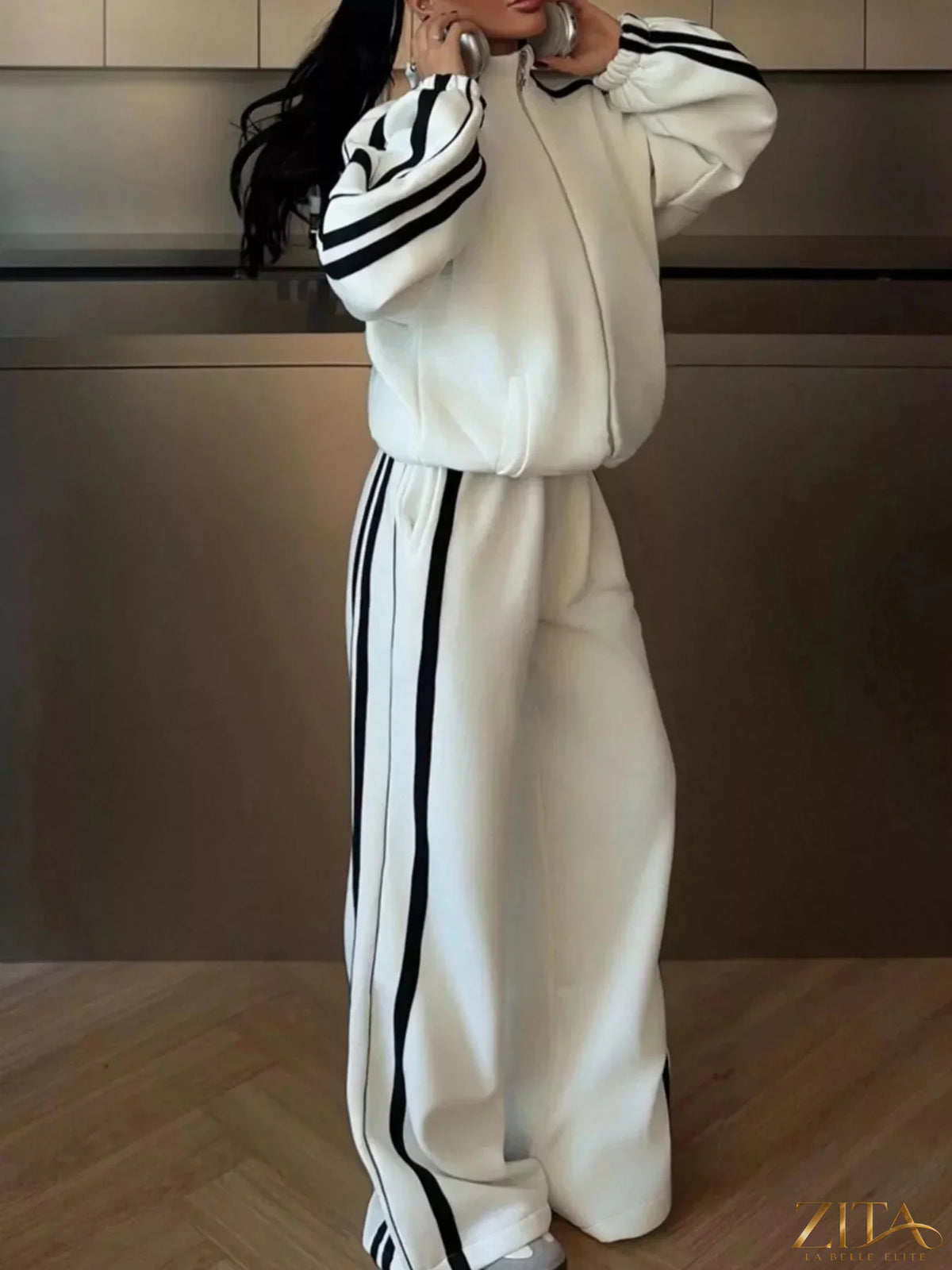 Zita La Belle Elite side stripes zip-up top and matching pants set, featuring sporty style and comfortable fit.