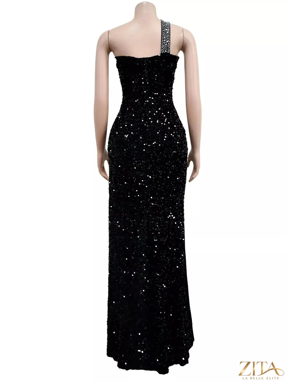 Zita La Belle Elite rhinestone one-shoulder high-slit maxi dress with elegant design and flowing fabric.