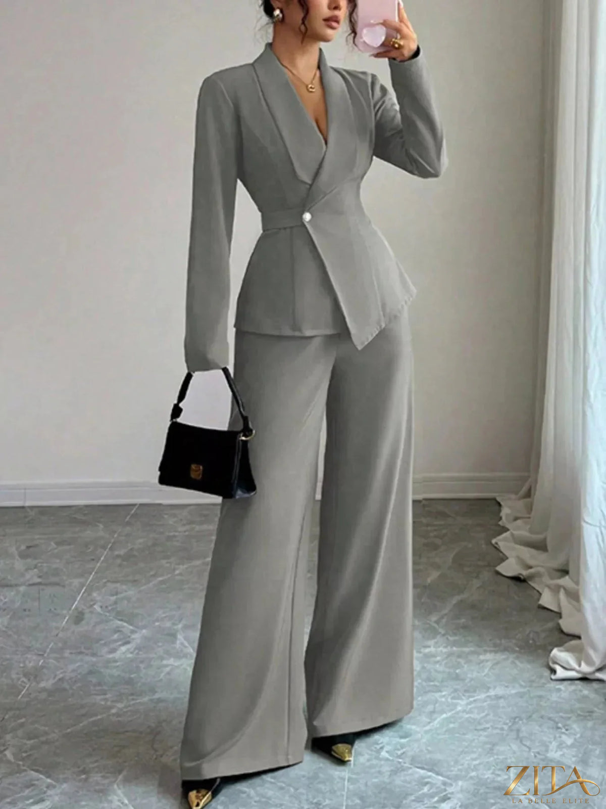 Zita La Belle Elite one-button blazer and matching pants set, tailored, navy blue, stylish formal wear, front view.