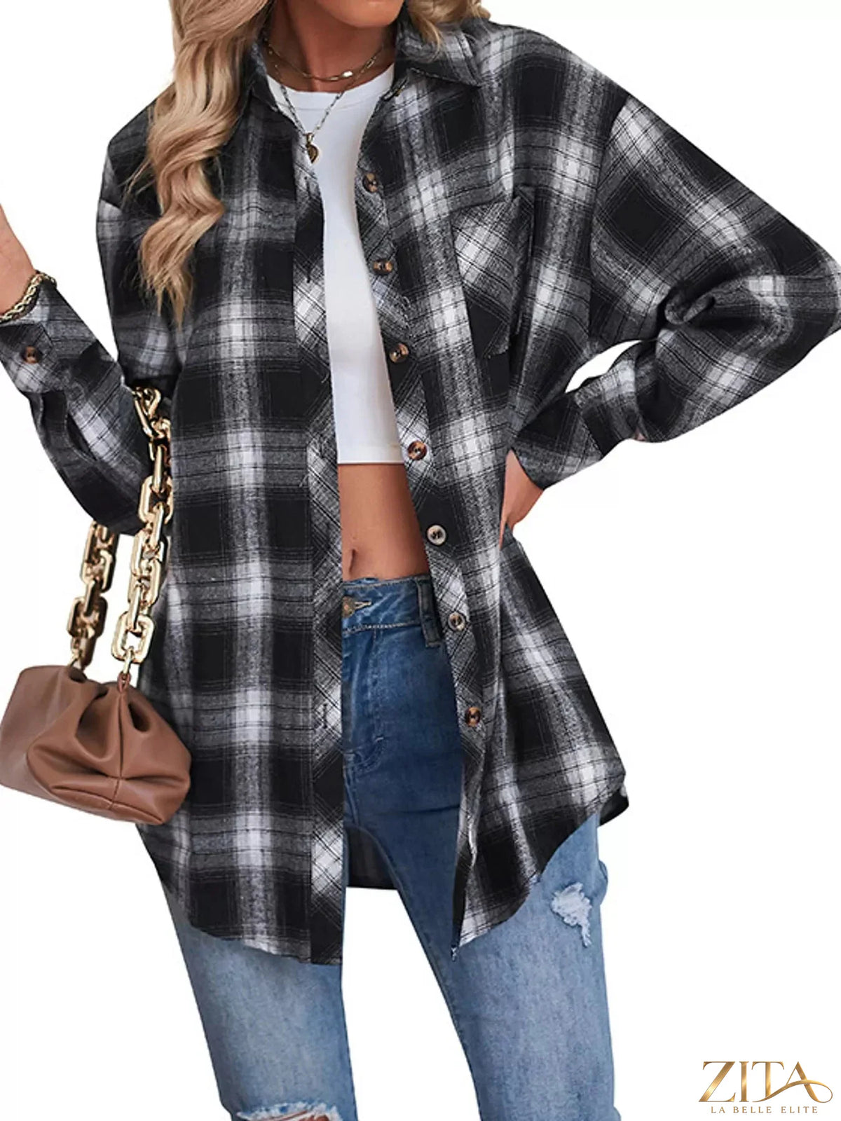 Zita La Belle Elite plaid button-down oversized shirt with a classic checkered pattern, casual style, and relaxed fit.