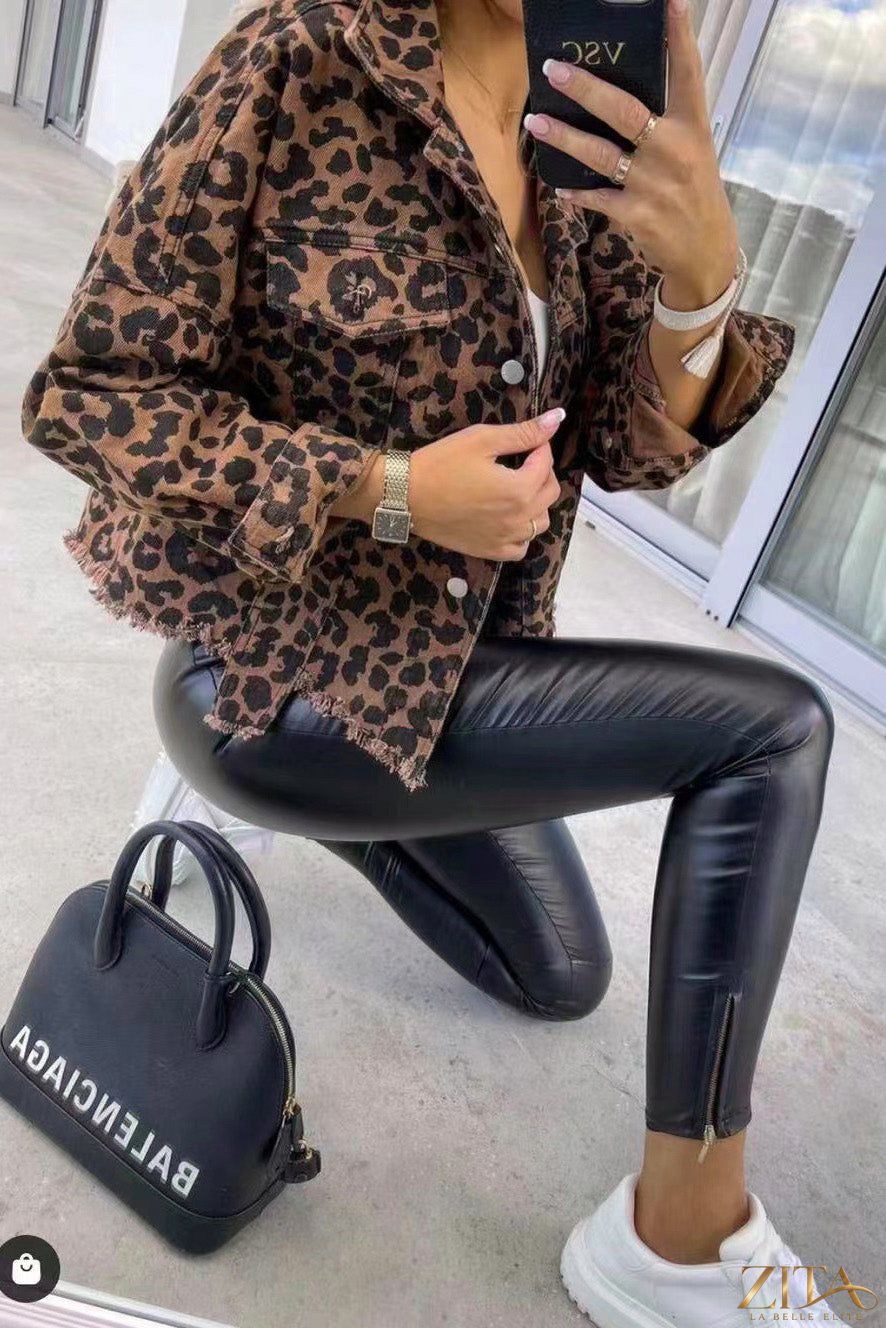 Leopard print raw hem denim jacket by Zita La Belle Elite featuring a stylish raw hem and classic denim design.