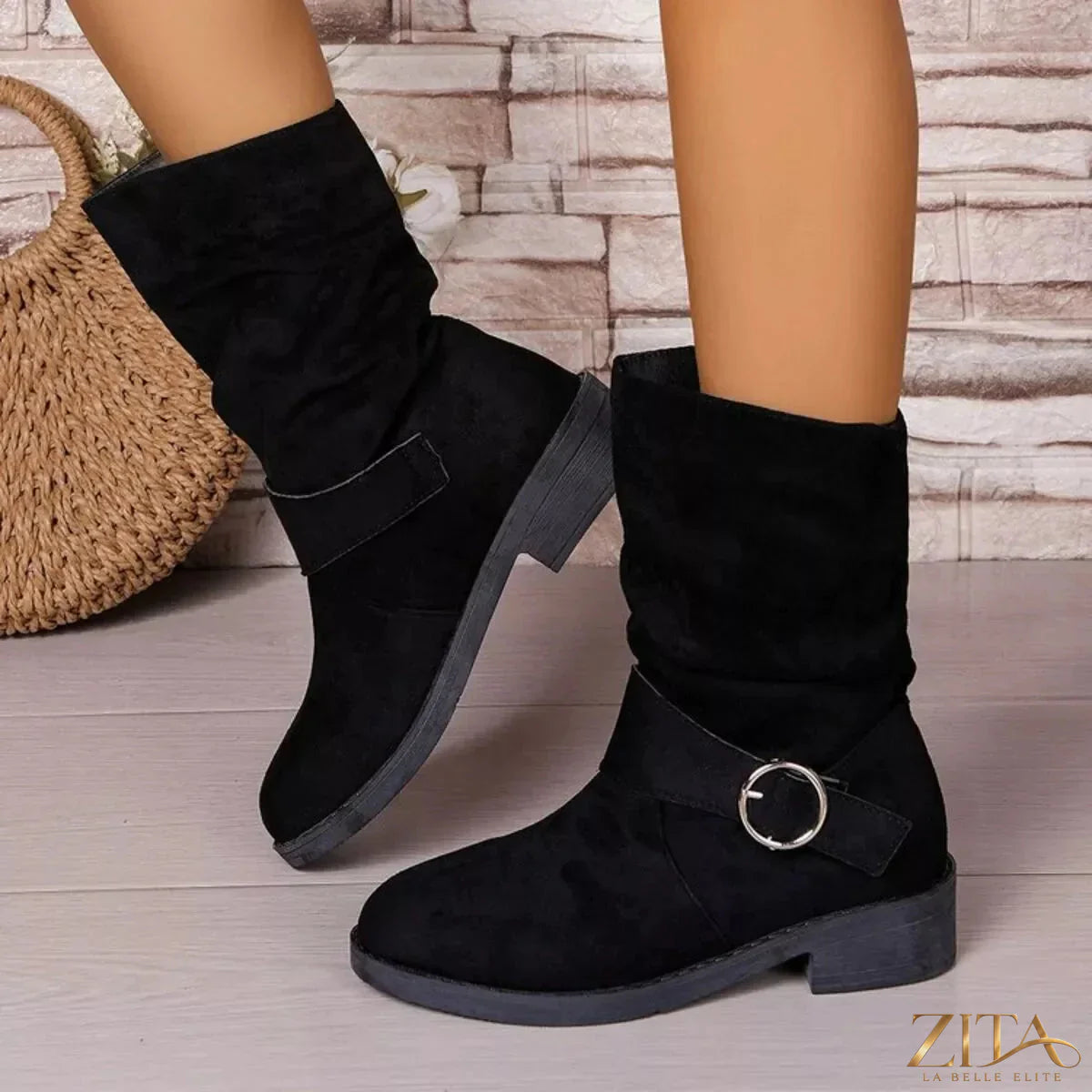 Zita La Belle Elite round toe block heel boots in black leather, stylish ankle boots with chunky heels and sleek design.