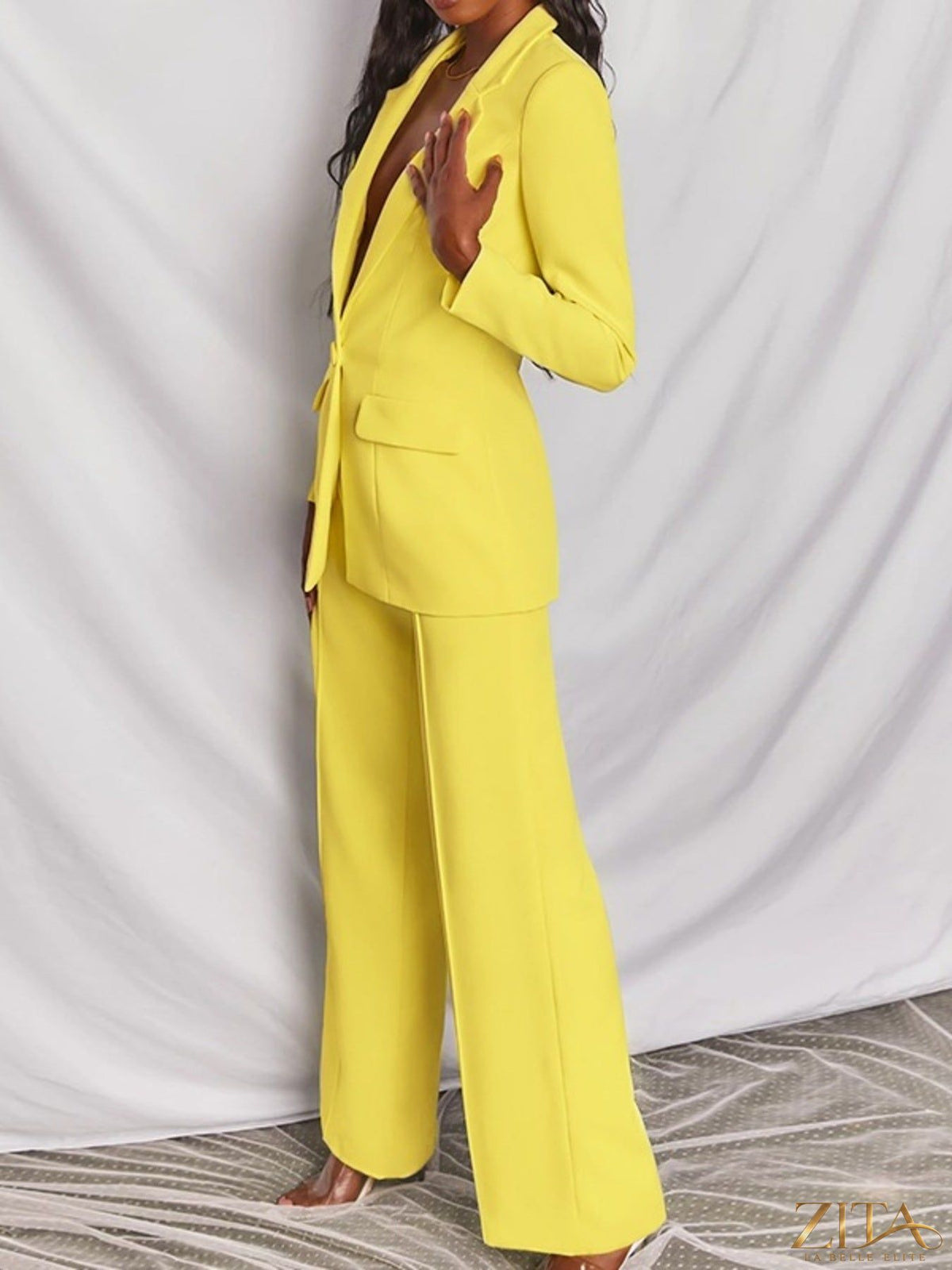 Plus size Zita La Belle Elite blazer and wide-leg pants set, featuring a one-button blazer and flowing wide-leg trousers.