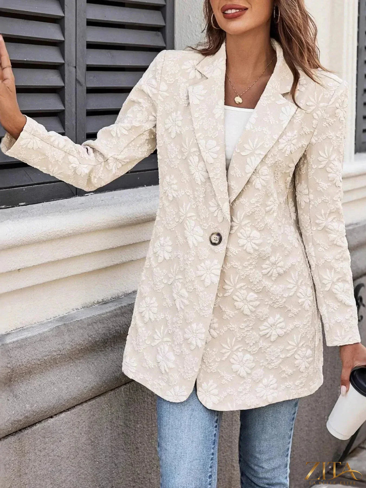 Zita La Belle Elite floral jacquard long sleeve blazer with a single button, tailored fit, and elegant design.