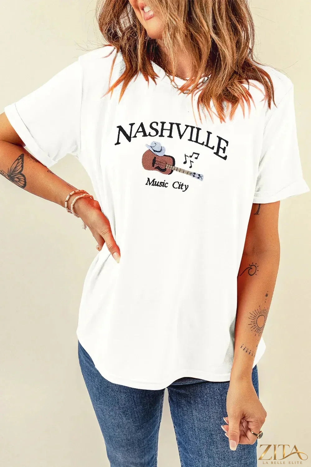 Nashville Music City print crewneck T-shirt by Trendsi featuring guitar artwork on a casual cotton tee