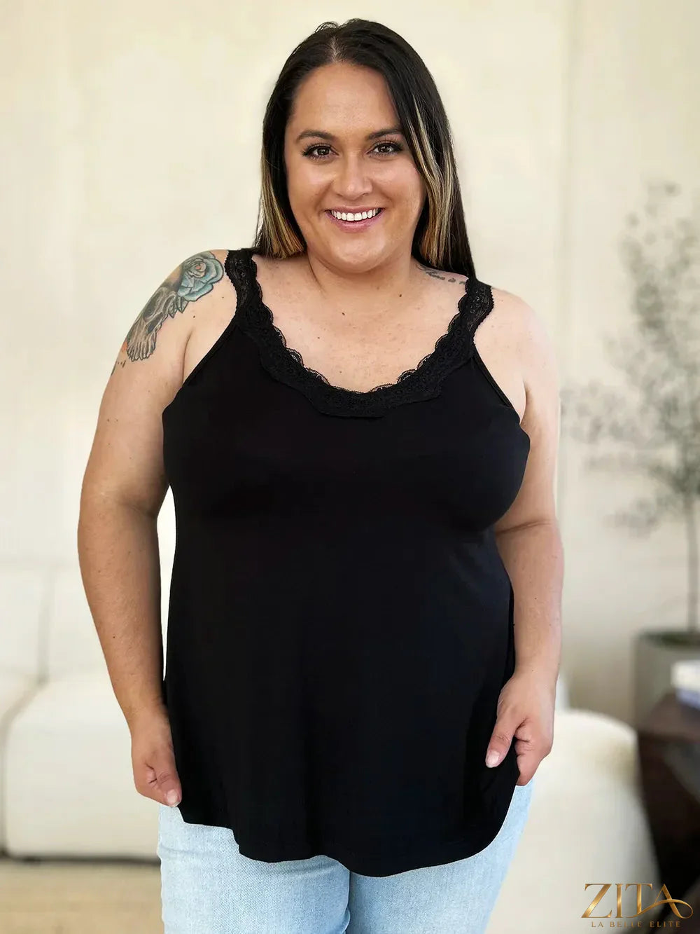Zita La Belle Elite Basic Bae full-size lace detail V-neck cutout cami showing lace accents and V-neck design on light fabric