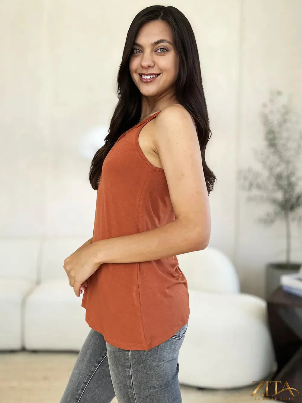 Zita La Belle Elite Basic Bae full-size lace detail V-neck cutout cami top with feminine design and lightweight fabric.