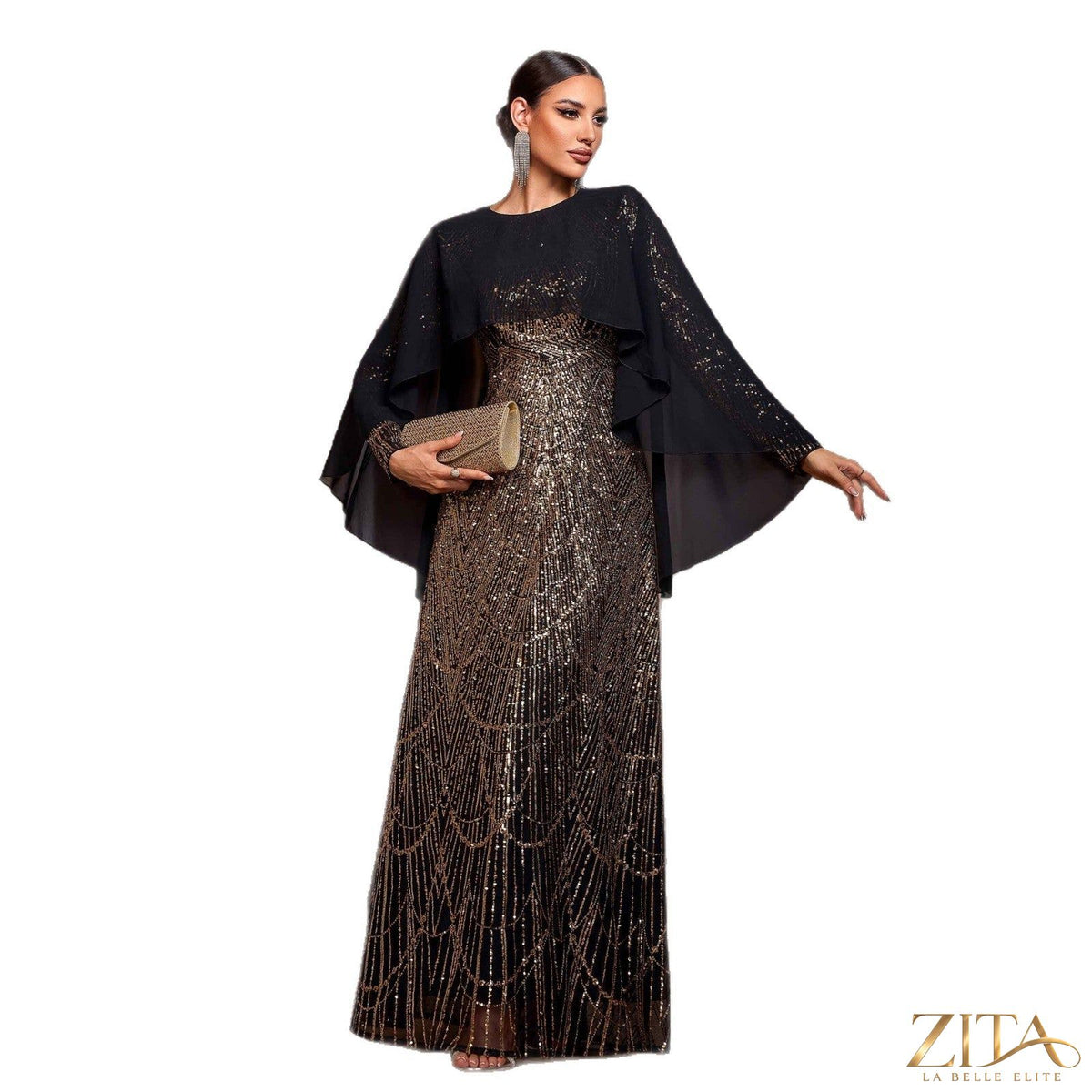 Women’s long sleeve sequin A-line evening dress with matching shawl by Zita La Belle Elite, featuring a sparkling design and elegant fit.