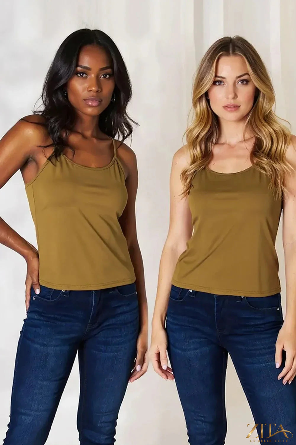 Zita La Belle Elite Basic Bae full size round neck slim cami in plus size, featuring a close-up of the fitted neckline and fabric texture.