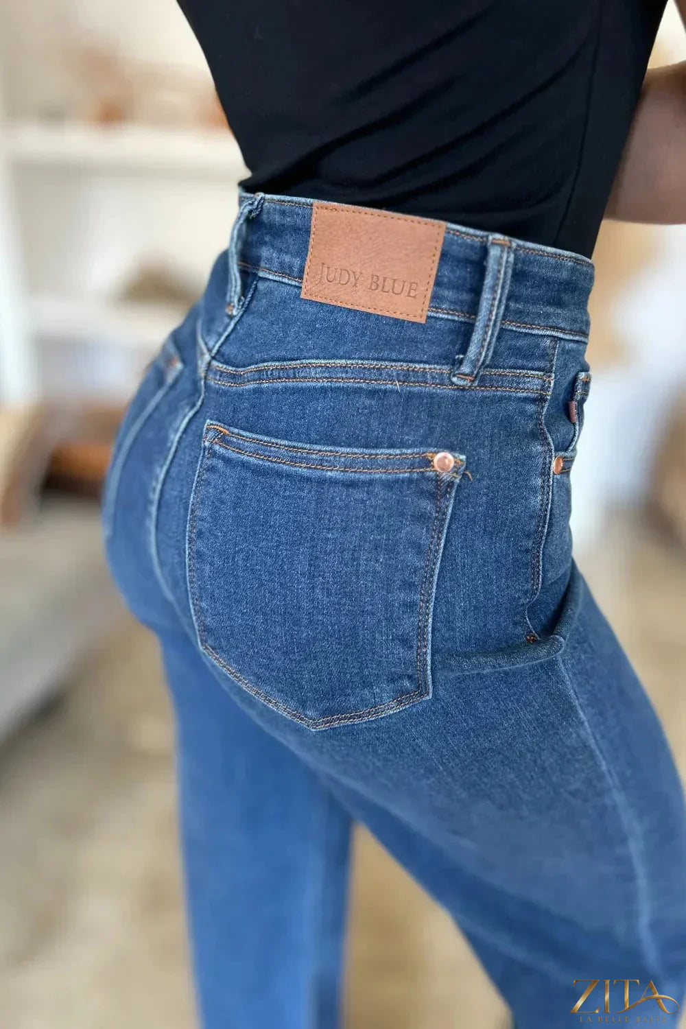 Zita La Belle Elite Judy Blue full-size high-rise straight jeans displayed on a model, showcasing classic denim fit and style.
