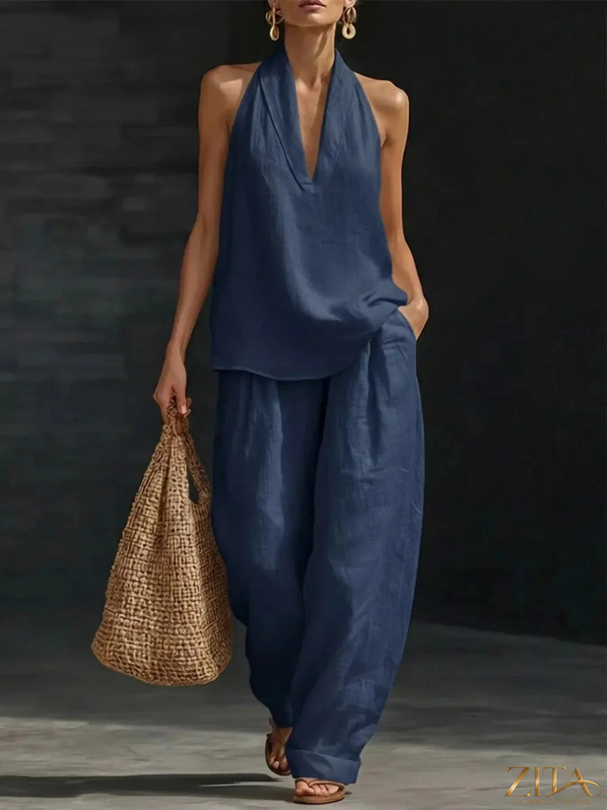 Plus size Zita La Belle Elite halter neck top and wide-leg pants set, stylish and comfortable fashion ensemble.