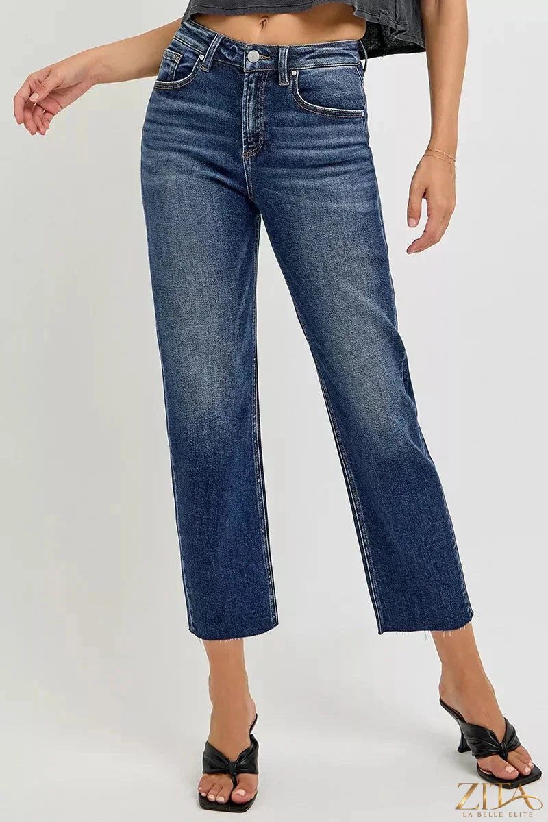 Zita La Belle Elite RISEN high rise slim barrel jeans in dark denim, featuring a classic five-pocket design and tapered fit.