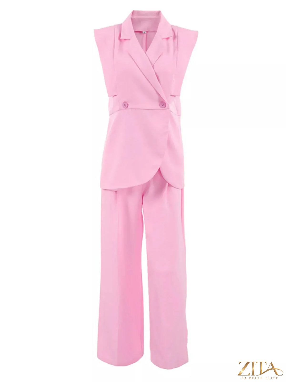 Zita La Belle Elite sleeveless blazer and wide-leg pants two-piece set, stylish formal outfit for women, black color, front view