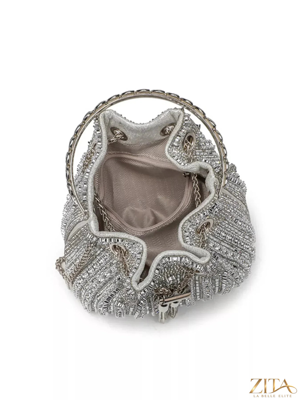 Zita La Belle Elite rhinestone-embellished bucket crossbody handbag for holiday parties, with shiny decorative details and compact design.