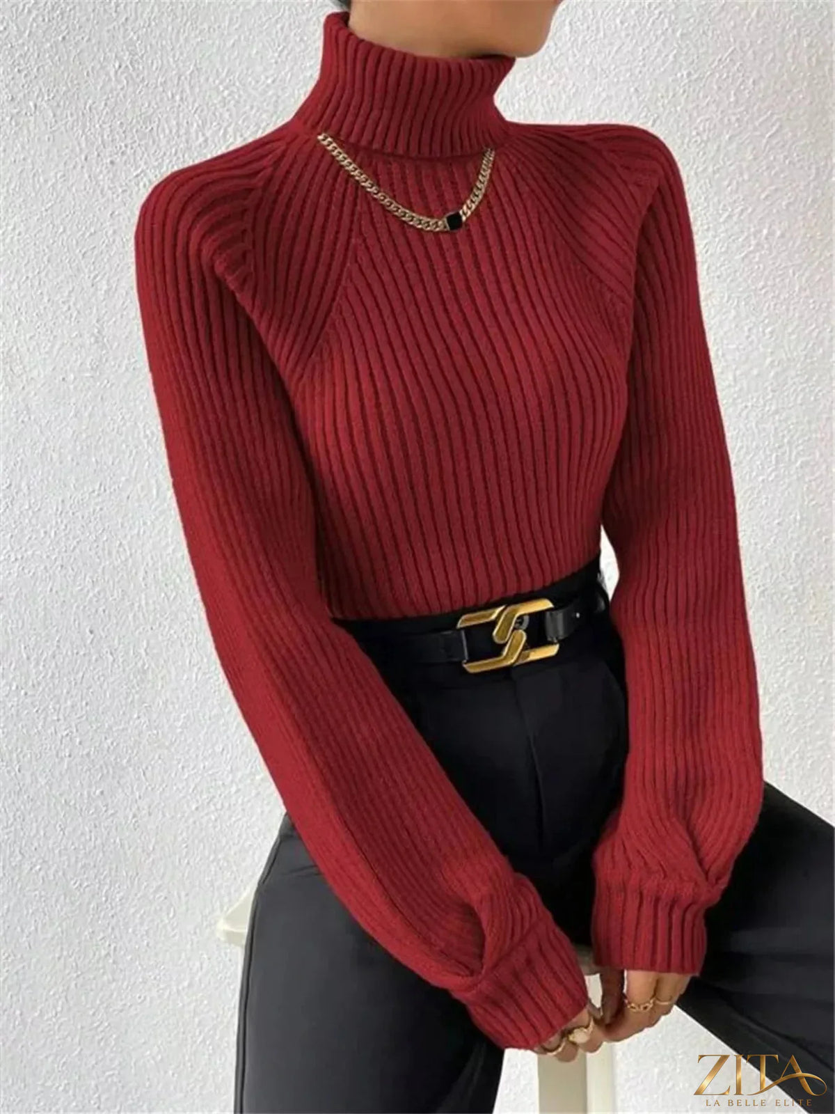 Zita La Belle Elite ribbed knit turtleneck sweater in neutral color, close-up view showing textured fabric and fitted design.