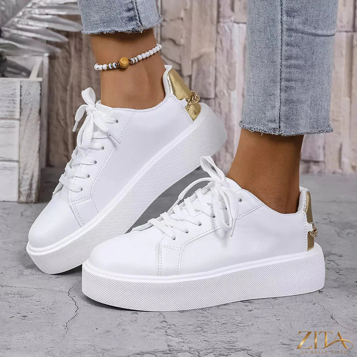 Zita La Belle Elite round toe platform sneakers with white upper and chunky sole, stylish footwear for casual wear.