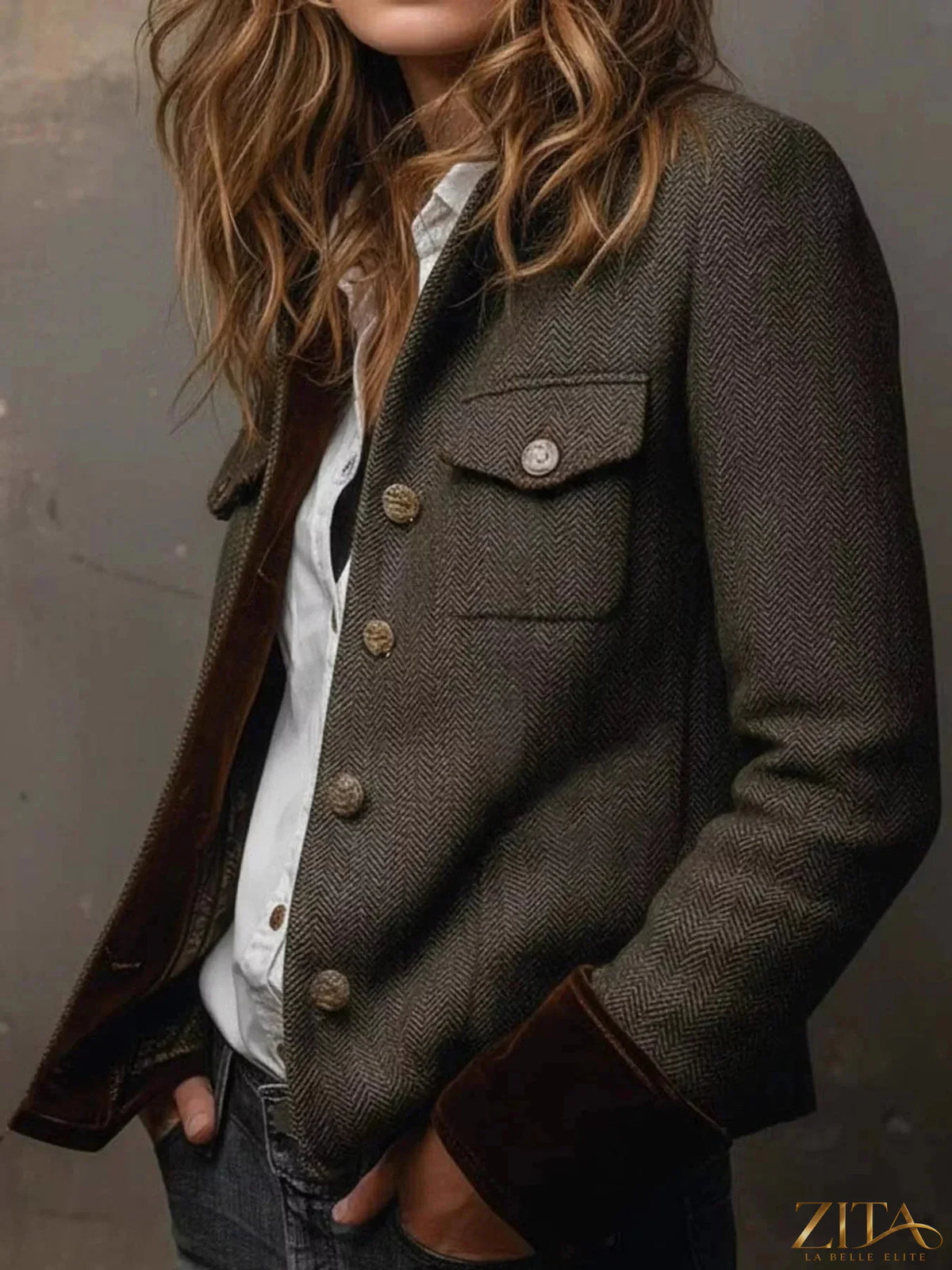 Plus size vintage herringbone tweed blazer by Zita La Belle Elite featuring velvet cuffs and classic tailored fit.