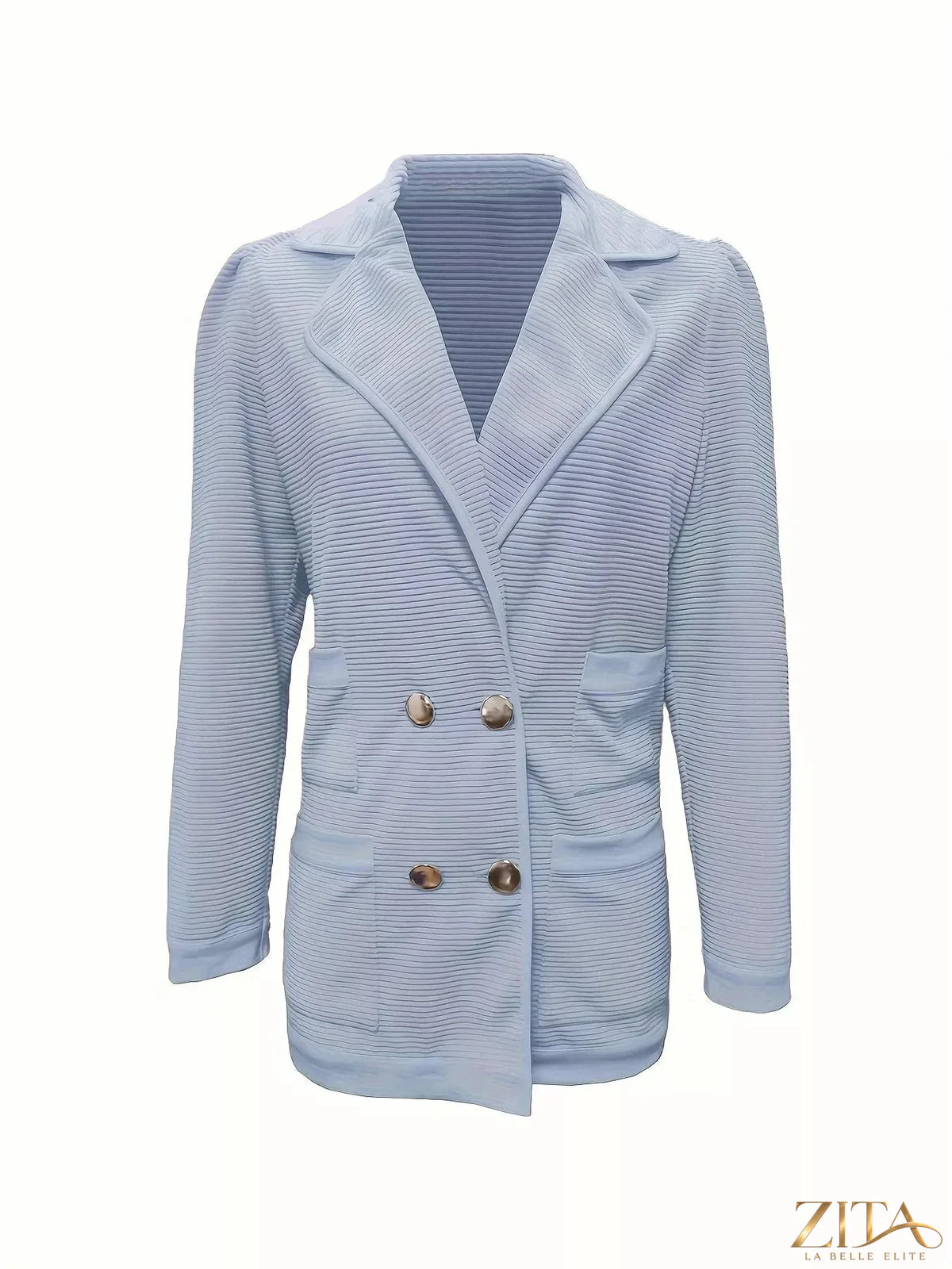 Zita La Belle Elite texture knit double-breasted blazer in neutral tones, shown on a mannequin with lapels and front buttons.