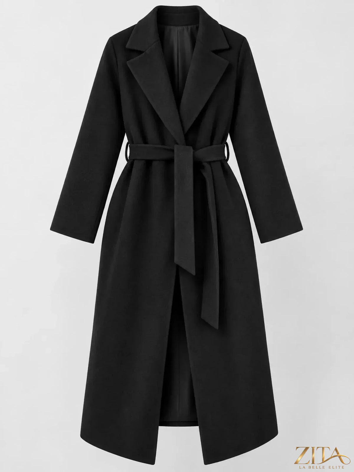 Zita La Belle Elite belted long sleeve coat with a lapel collar, stylish and tailored for a sophisticated look.