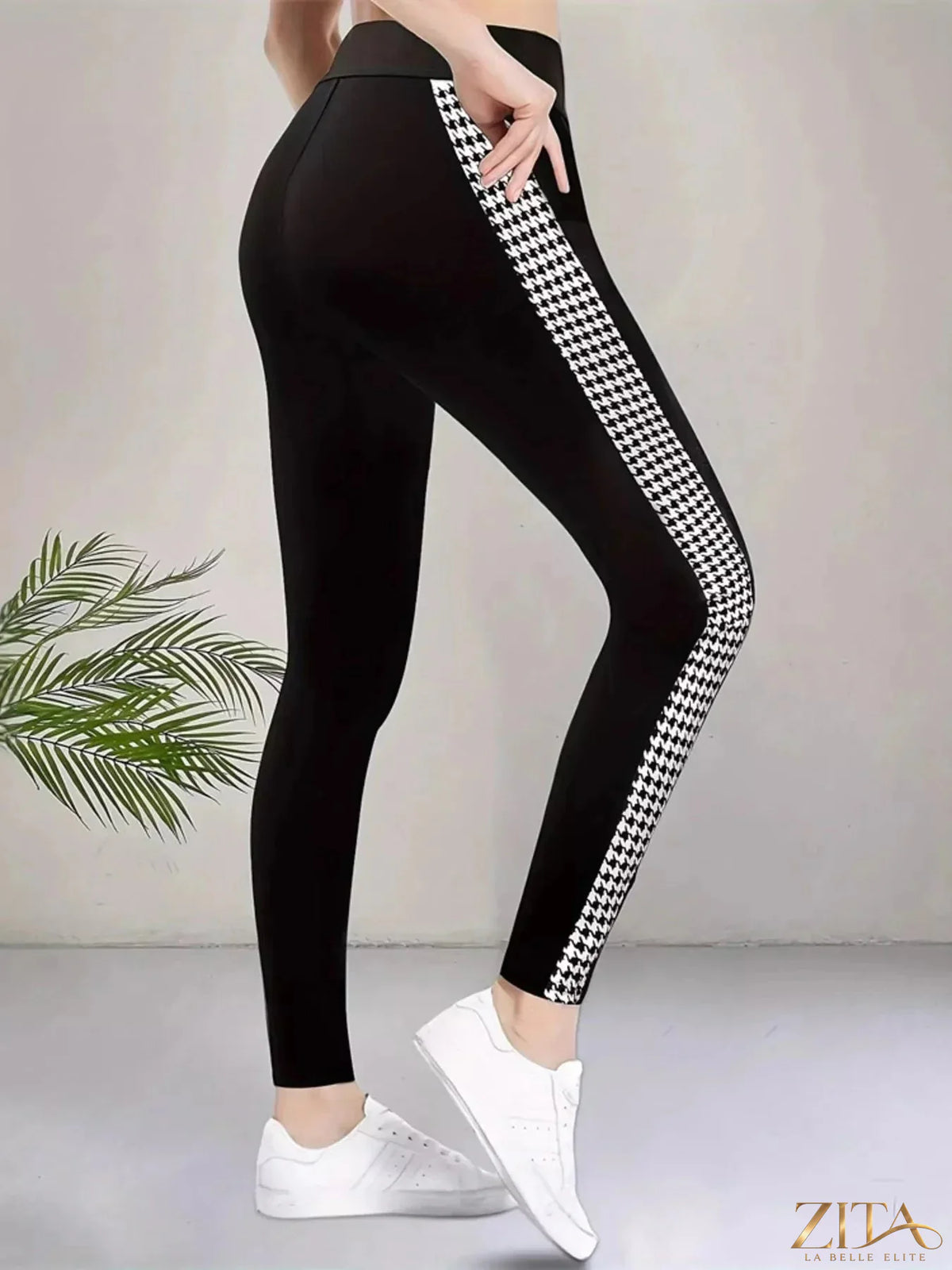 High-waisted Zita La Belle Elite side houndstooth active leggings shown on a model, featuring a fitted design and elastic waistband.