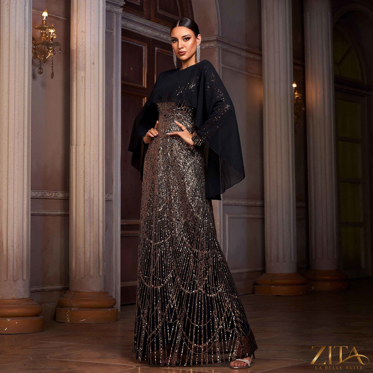Women’s long sleeve sequin A-line evening dress with matching shawl by Zita La Belle Elite, featuring a sparkling, elegant design.