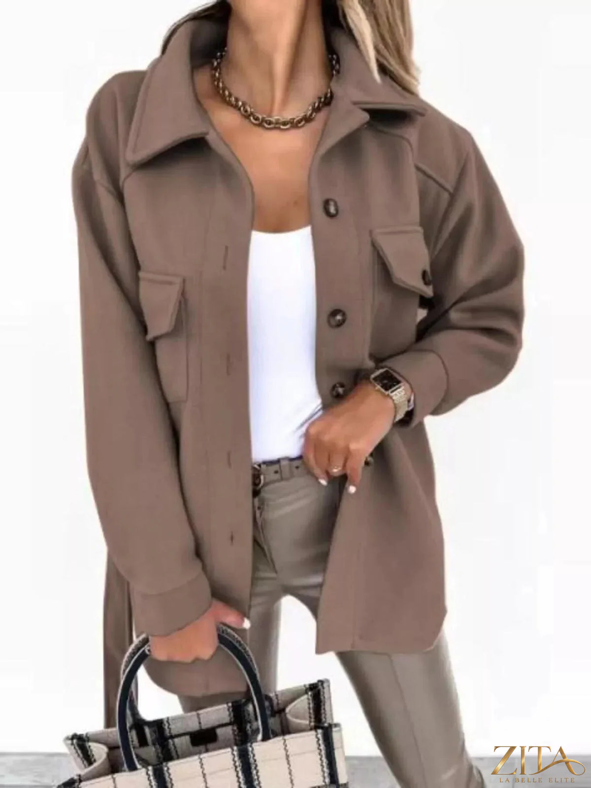 Zita La Belle Elite button-down tie waist coat in neutral fabric, featuring a classic collar and front button closure.