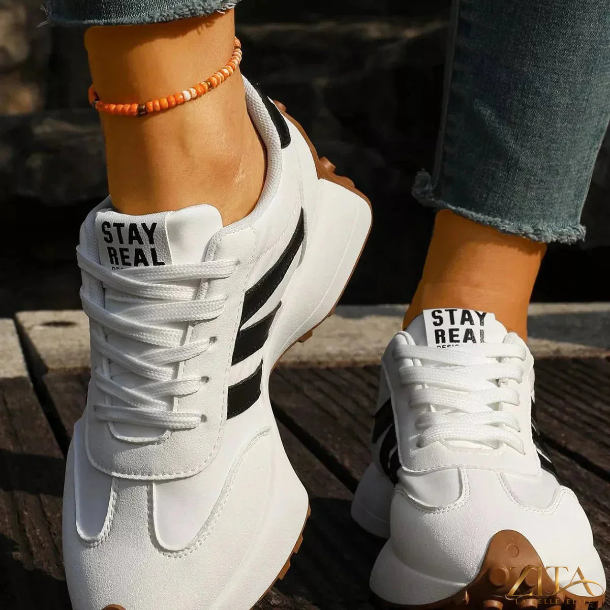 Zita La Belle Elite round toe lace-up sneakers in white with rubber soles, stylish and comfortable for casual wear.