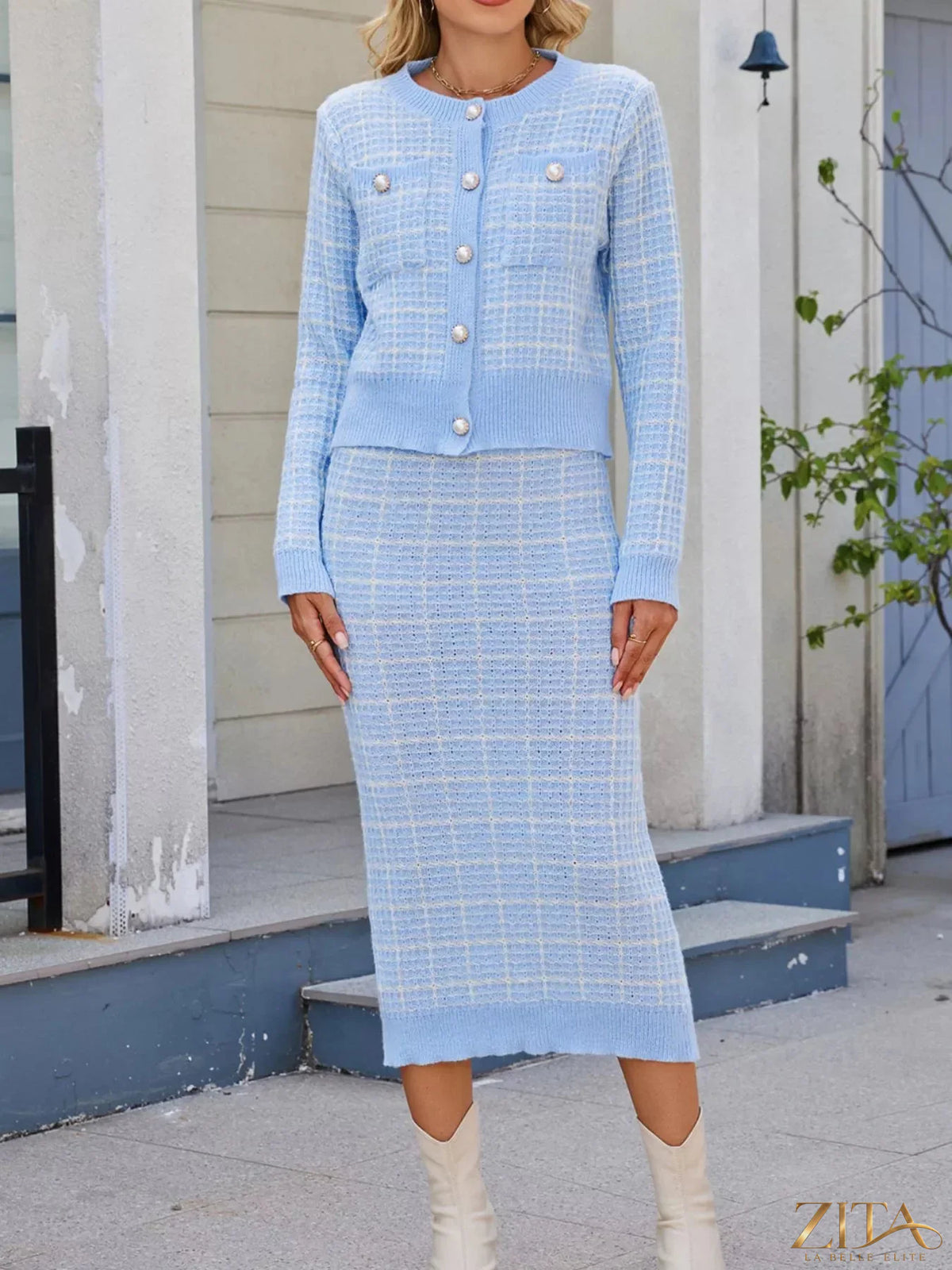 Zita La Belle Elite plaid knit cardigan and midi skirt sweater set displayed on a mannequin, showcasing stylish fall fashion.