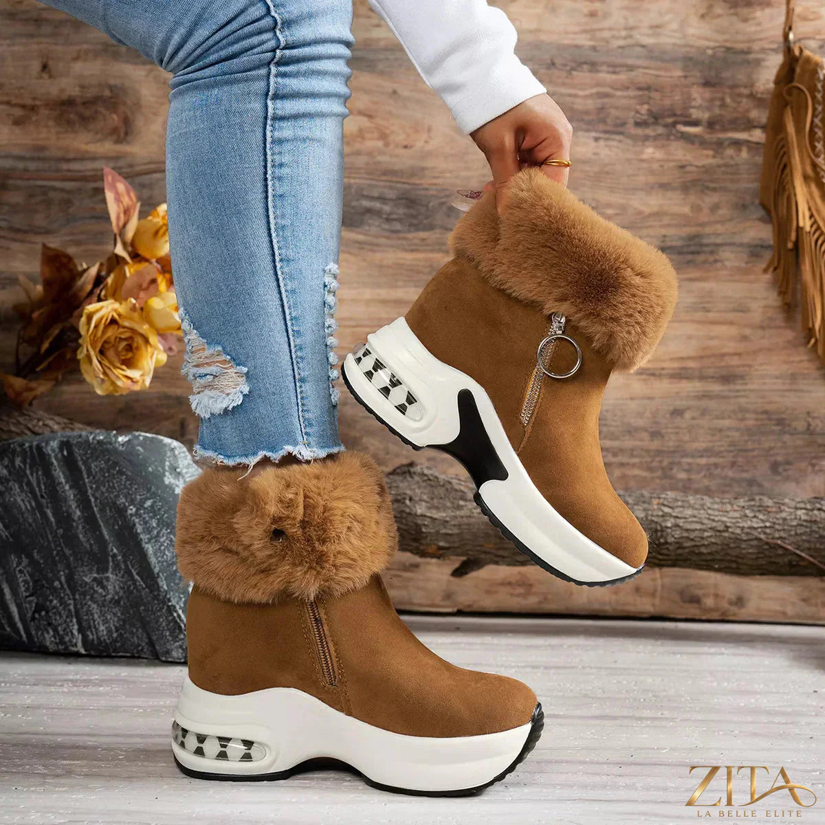 Zita La Belle Elite fuzzy side zipper platform ankle boots with chunky heel and cozy fur lining on a white background.