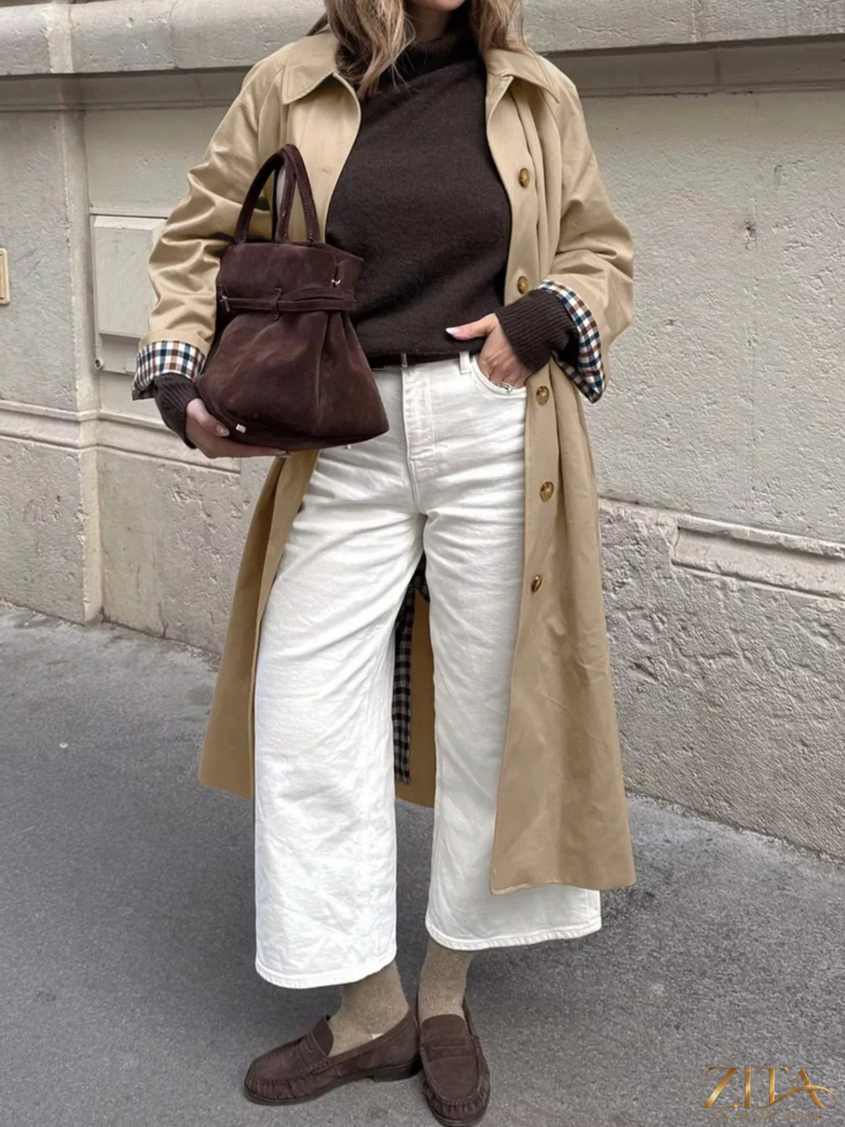 Zita La Belle Elite checkered lining button-up trench coat with classic collar and long sleeves, stylish outerwear for women.