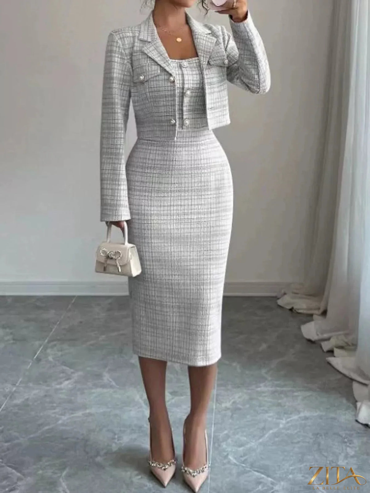 Zita La Belle Elite tweed square neck dress with matching cardigan set, featuring a tailored fit and classic plaid pattern.